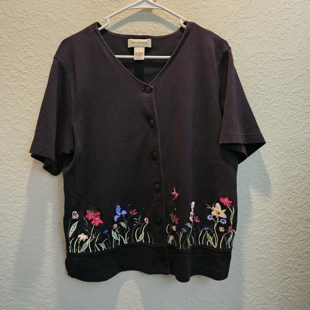 Bechamel Vintage Womens L Embroidered Short Sleeve Cardigan‎ Top Spring Floral